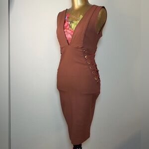 Iris Rust Brown Lace-Up Side Deep V Mini Dress Size L